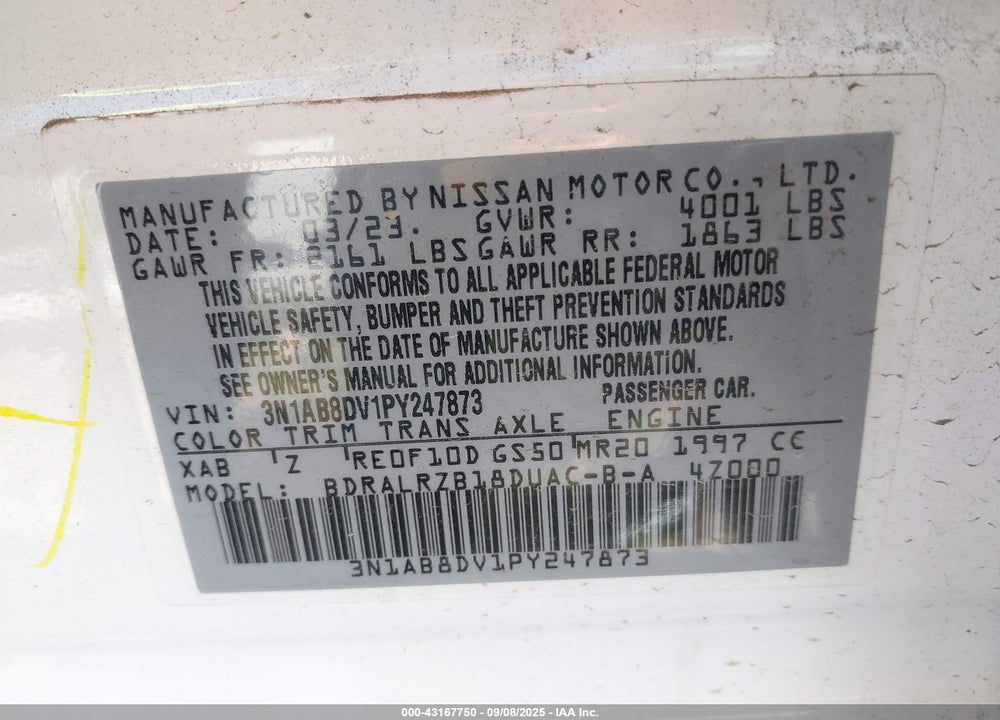 2023 NISSAN SENTRA VIN: 3N1AB8DV1PY247873