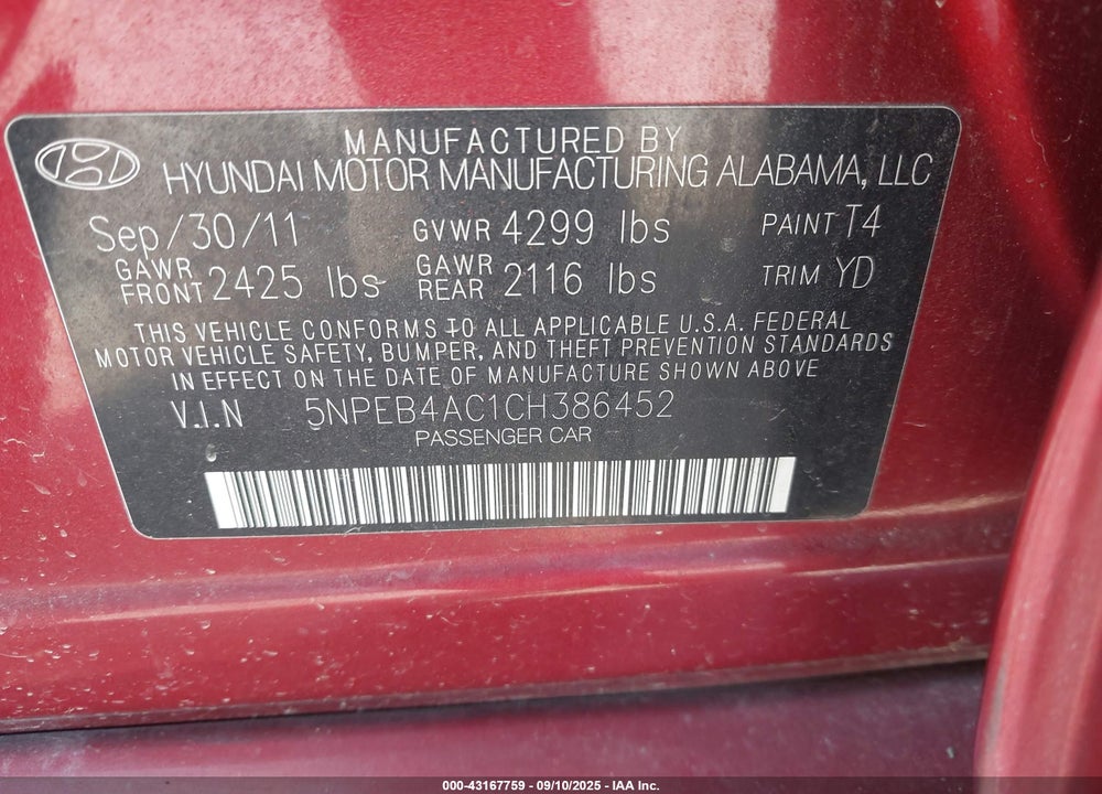 2012 HYUNDAI SONATA GLS PZEV VIN: 5NPEB4AC1CH386452