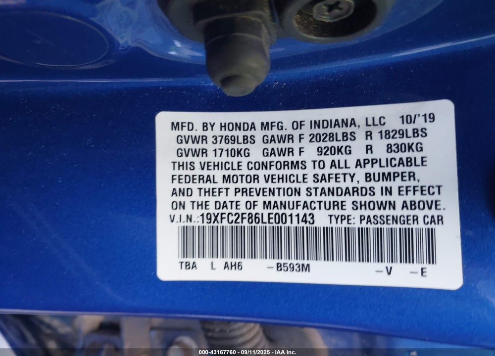 2020 HONDA CIVIC VIN: 19XFC2F86LE001143