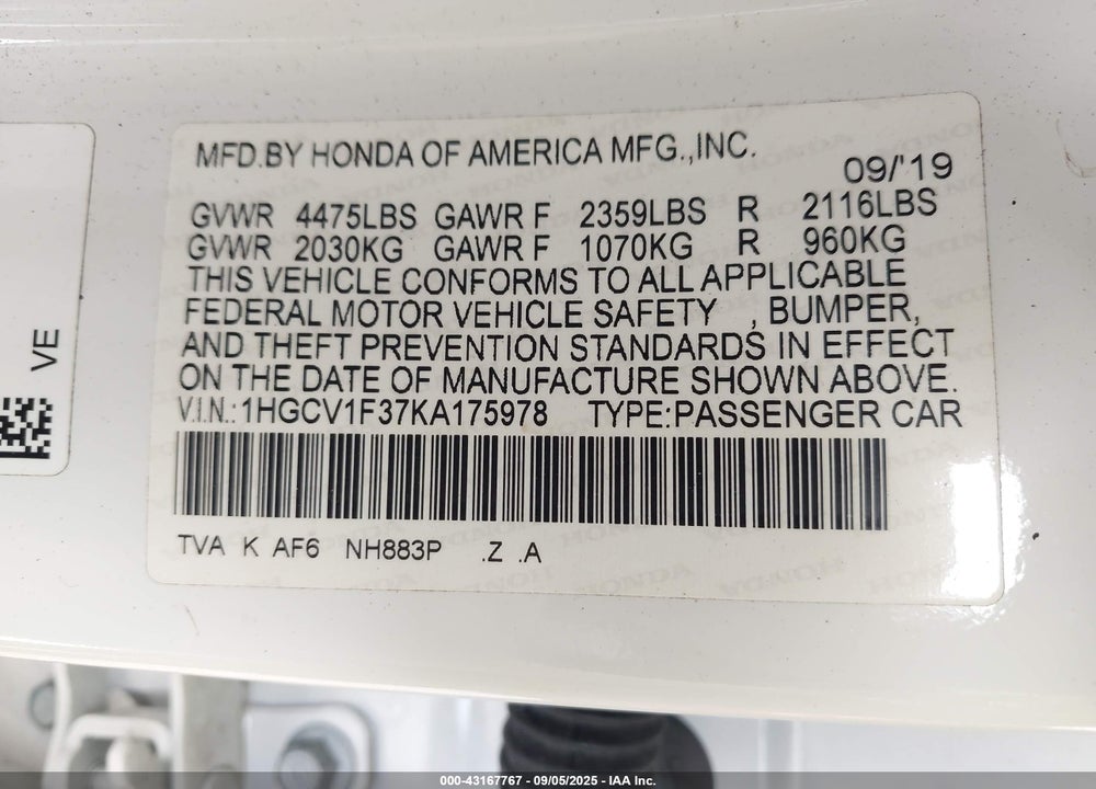 2019 HONDA ACCORD VIN: 1HGCV1F37KA175978