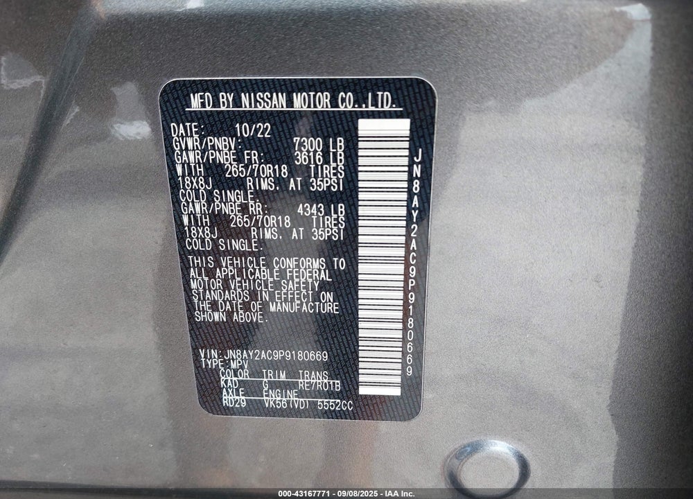 2023 NISSAN ARMADA VIN: JN8AY2AC9P9180669