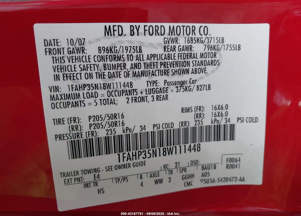 2008 FORD FOCUS SE/SES VIN: 1FAHP35N18W111448
