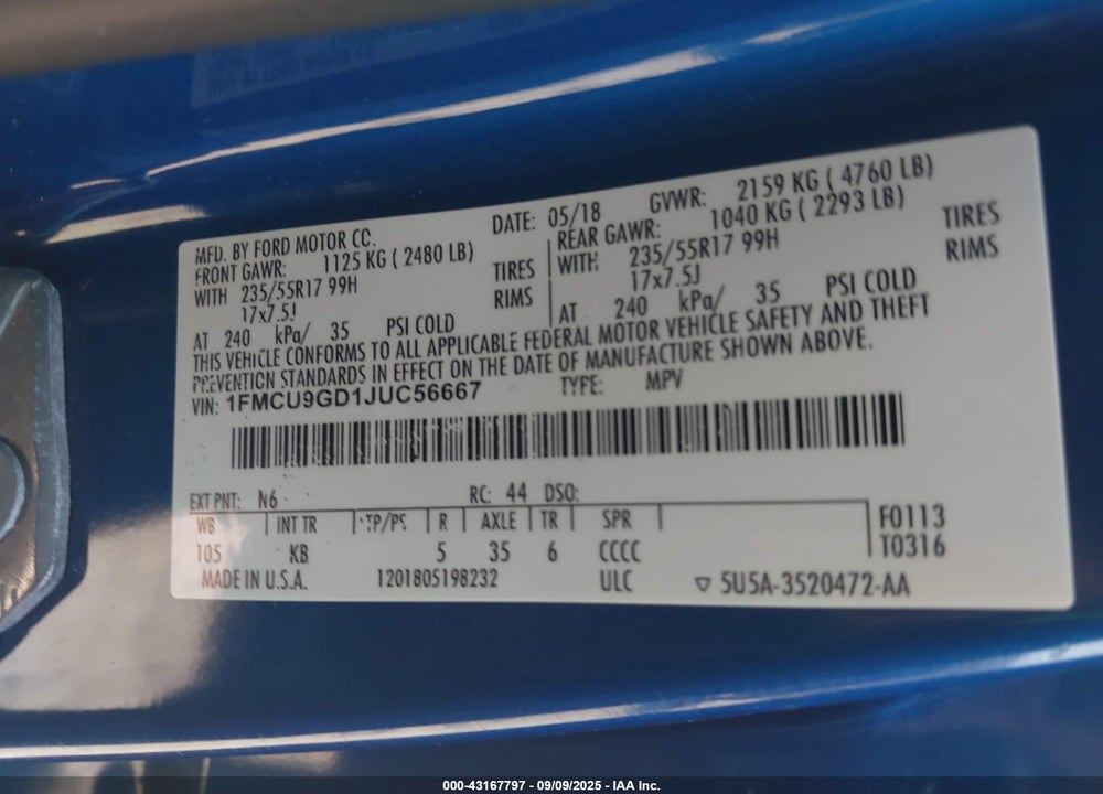 2018 FORD ESCAPE SE VIN: 1FMCU9GD1JUC56667