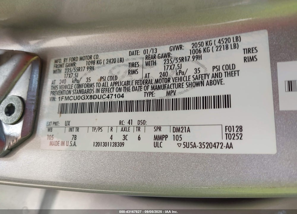 2013 FORD ESCAPE VIN: 1FMCU0GX8DUC47104
