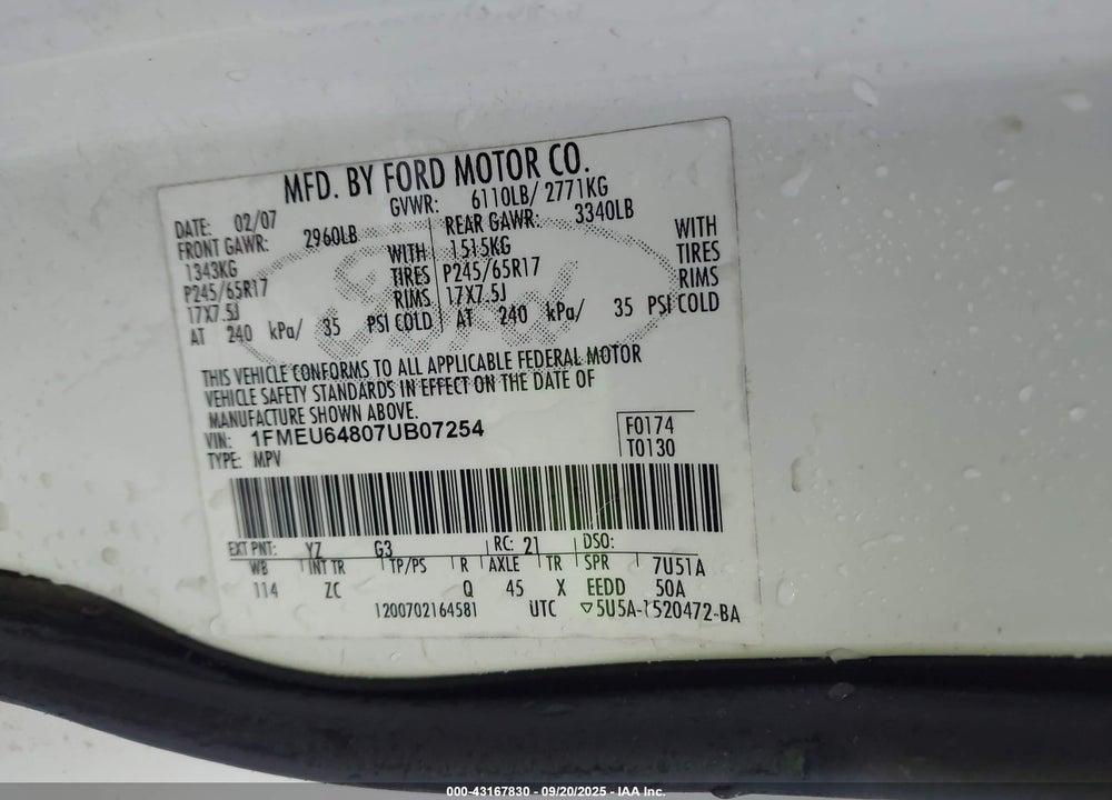 2007 FORD EXPLORER EDDIE BAUER VIN: 1FMEU64807UB07254
