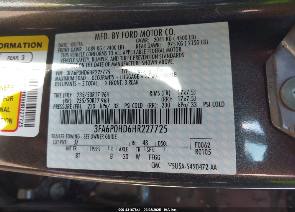 2017 FORD FUSION SE VIN: 3FA6P0HD6HR227725