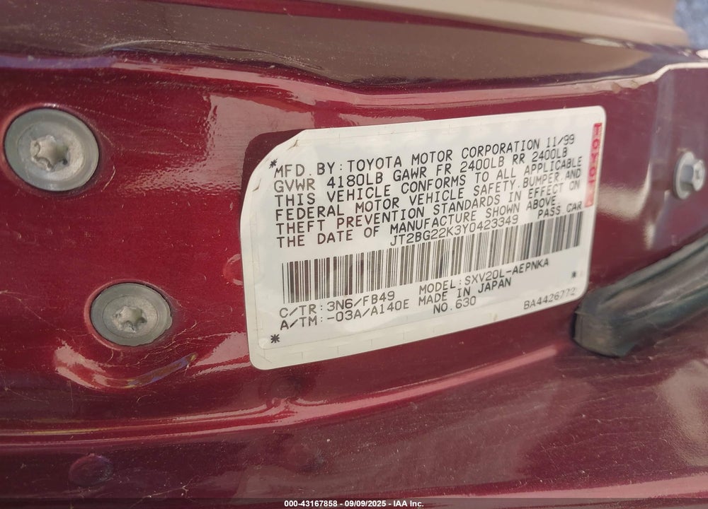 2000 TOYOTA CAMRY LE VIN: JT2BG22K3Y0423349