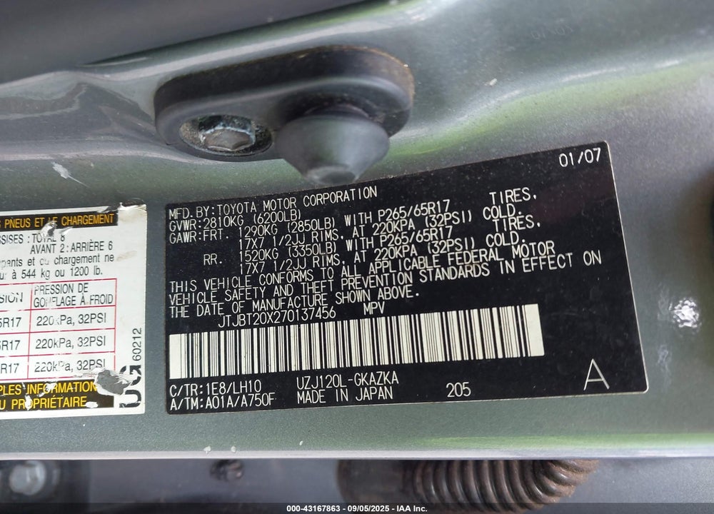 2007 LEXUS GX 470 VIN: JTJBT20X270137456