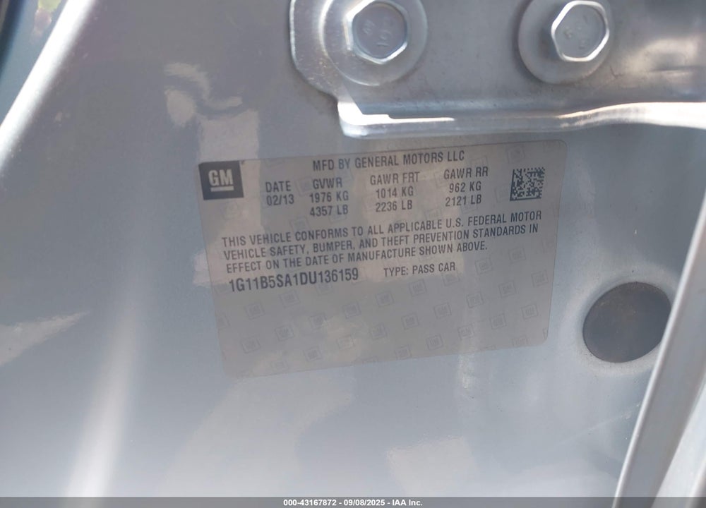 2013 CHEVROLET MALIBU VIN: 1G11B5SA1DU136159
