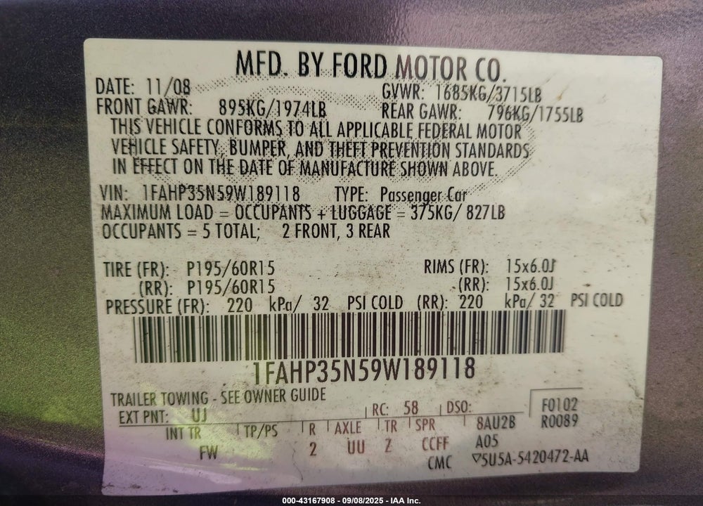 2009 FORD FOCUS VIN: 1FAHP35N59W189118
