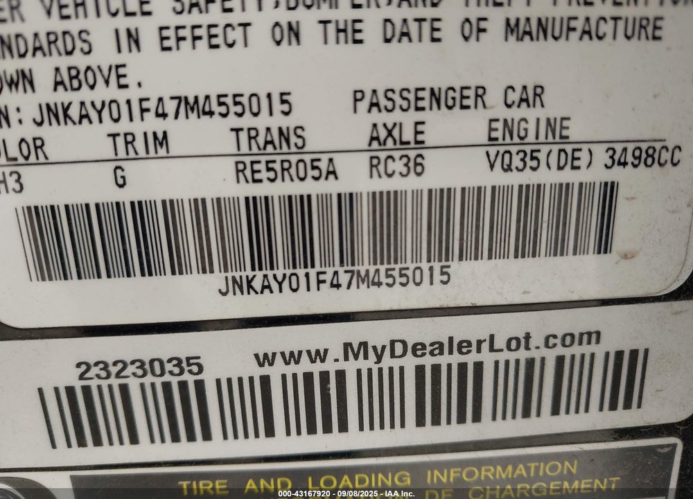 2007 INFINITI M35 VIN: JNKAY01F47M455015