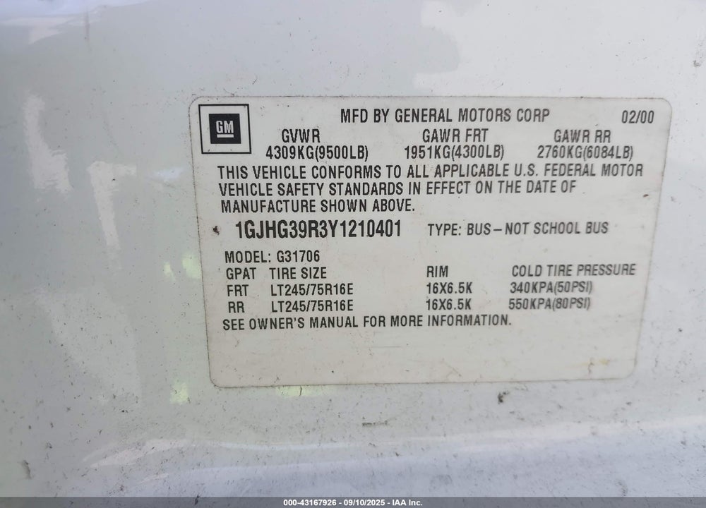 2000 GMC SAVANA STANDARD VIN: 1GJHG39R3Y1210401