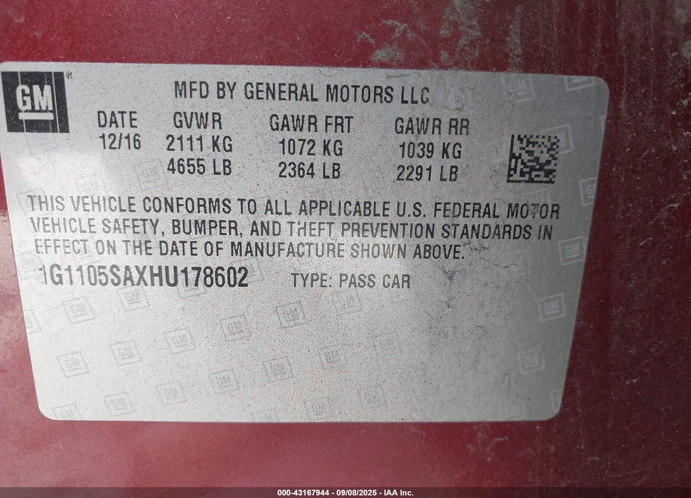 2017 CHEVROLET IMPALA VIN: 1G1105SAXHU178602