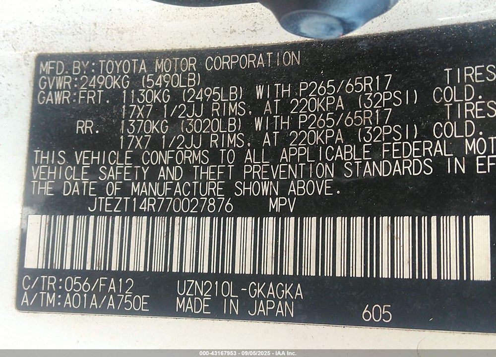 2007 TOYOTA 4RUNNER SR5 V8 VIN: JTEZT14R770027876
