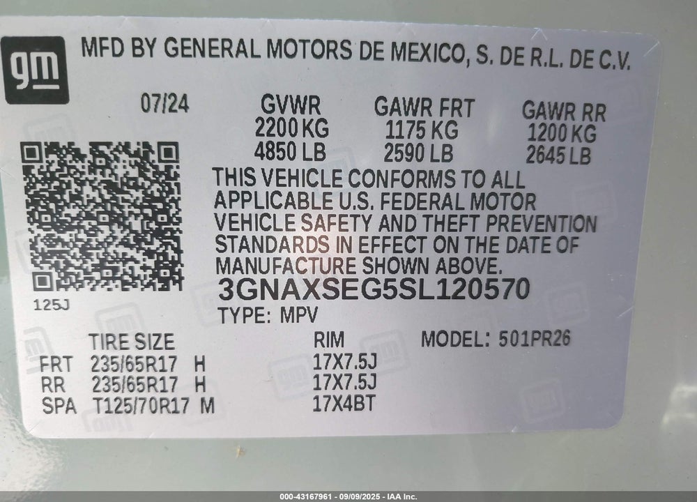 2025 CHEVROLET EQUINOX AWD ACTIV VIN: 3GNAXSEG5SL120570