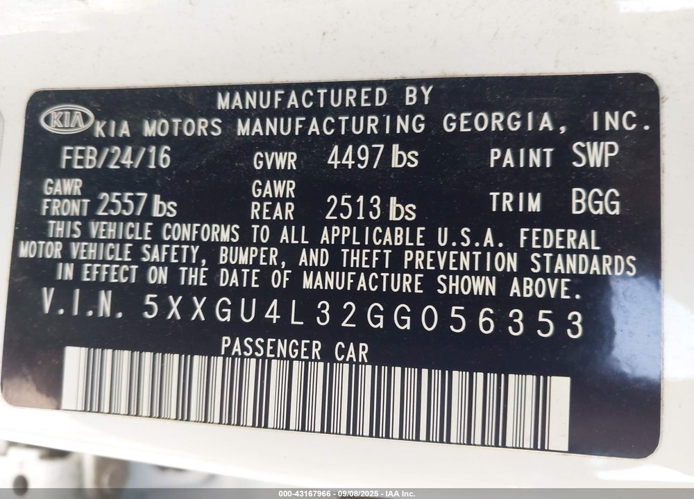 2016 KIA OPTIMA VIN: 5XXGU4L32GG056353
