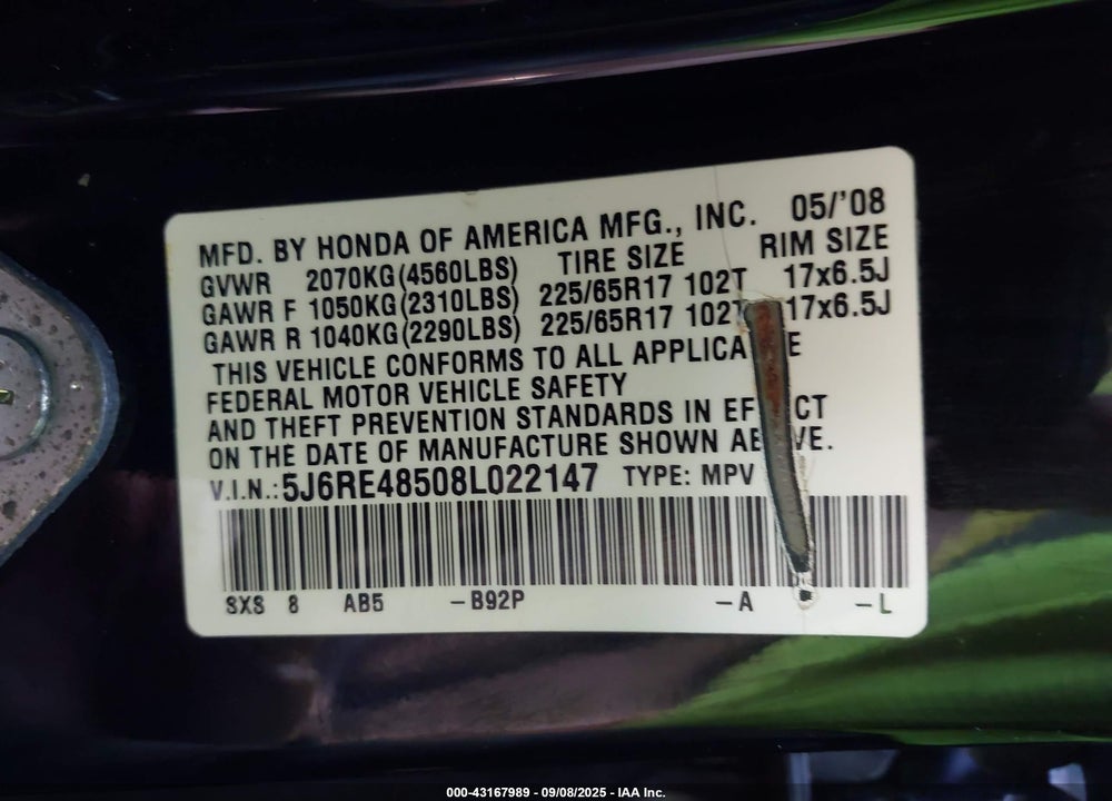 2008 HONDA CR-V EX VIN: 5J6RE48508L022147