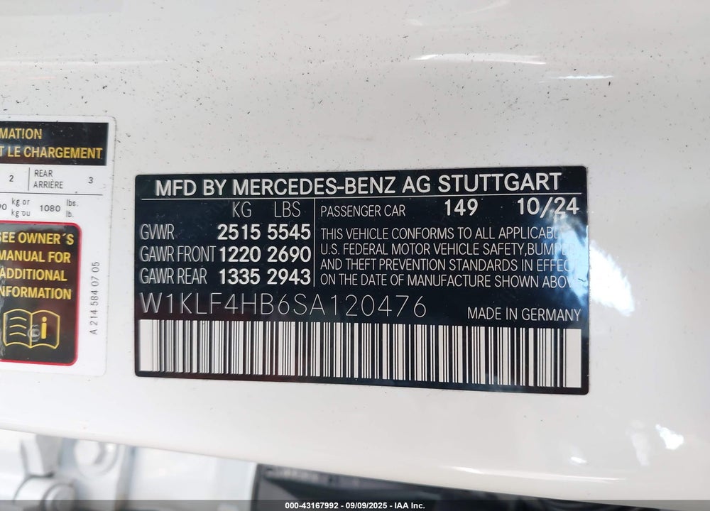 2025 MERCEDES-BENZ E-CLASS VIN: W1KLF4HB6SA120476