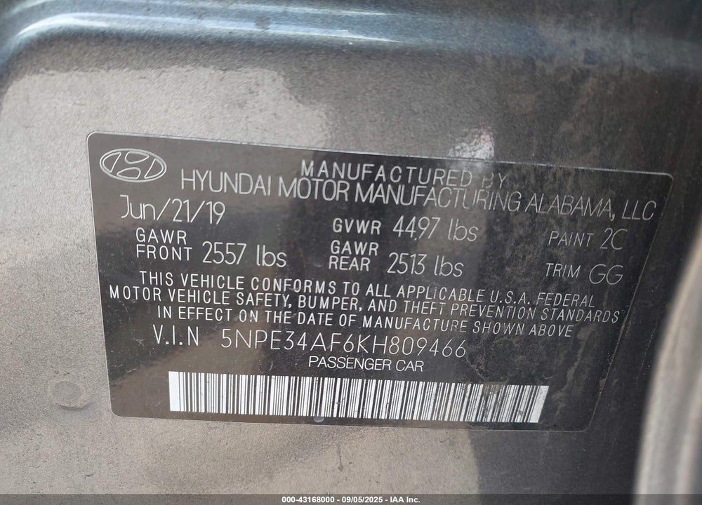 2019 HYUNDAI SONATA VIN: 5NPE34AF6KH809466