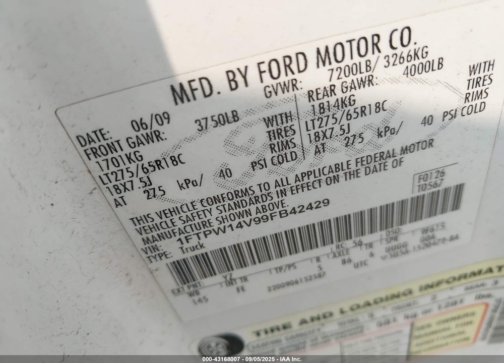 2009 FORD F-150 FX4/KING RANCH/LARIAT/PLATINUM/XL/XLT VIN: 1FTPW14V99FB42429