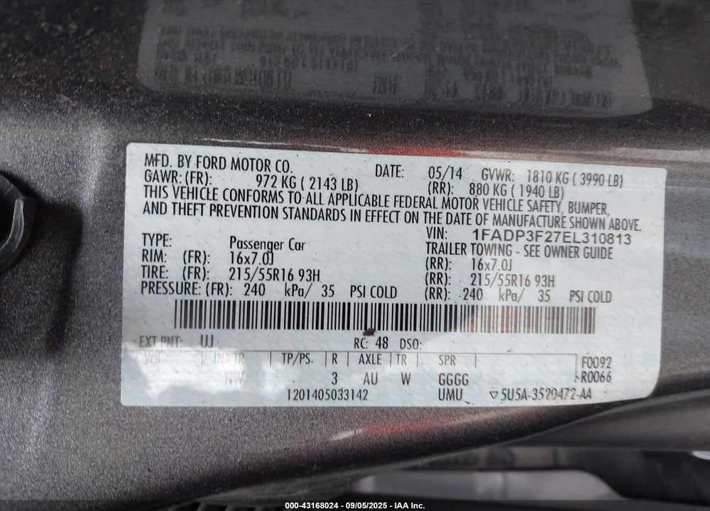 2014 FORD FOCUS VIN: 1FADP3F27EL310813