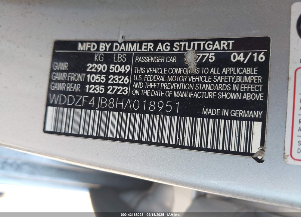 2017 MERCEDES-BENZ E 300 VIN: WDDZF4JB8HA018951