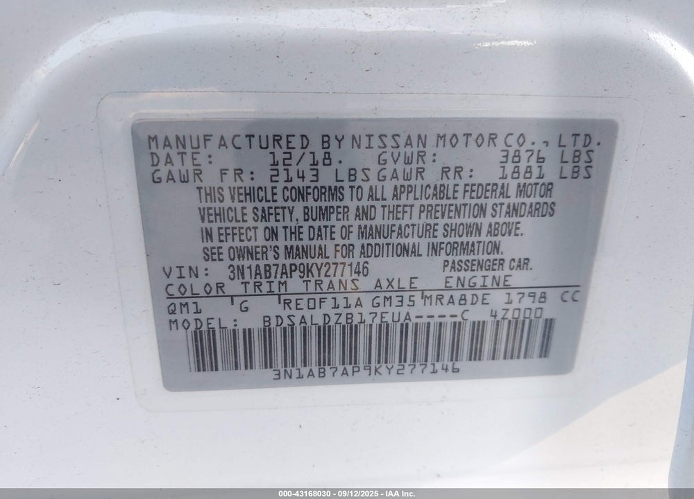 2019 NISSAN SENTRA VIN: 3N1AB7AP9KY277146
