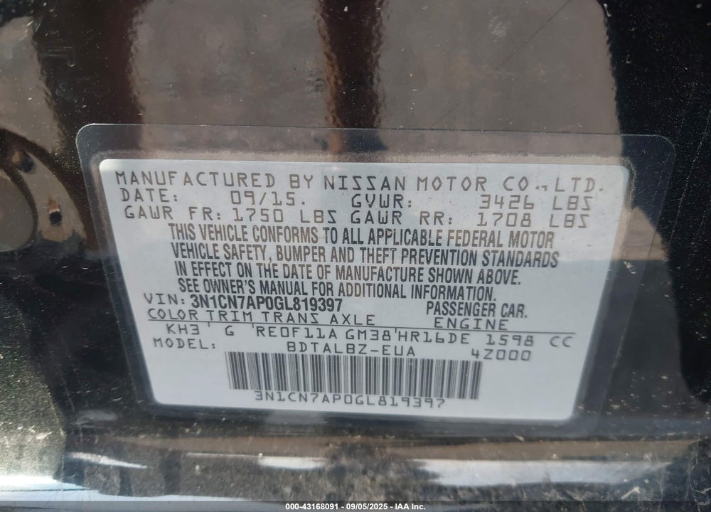 2016 NISSAN VERSA VIN: 3N1CN7AP0GL819397