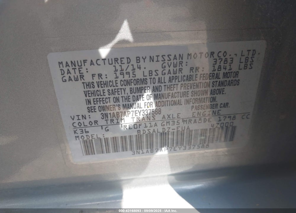 2014 NISSAN SENTRA VIN: 3N1AB7AP7EY337588