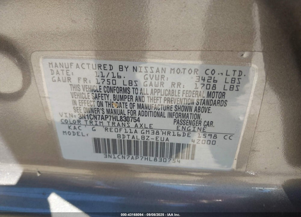 2017 NISSAN VERSA 1.6 SV VIN: 3N1CN7AP7HL830754