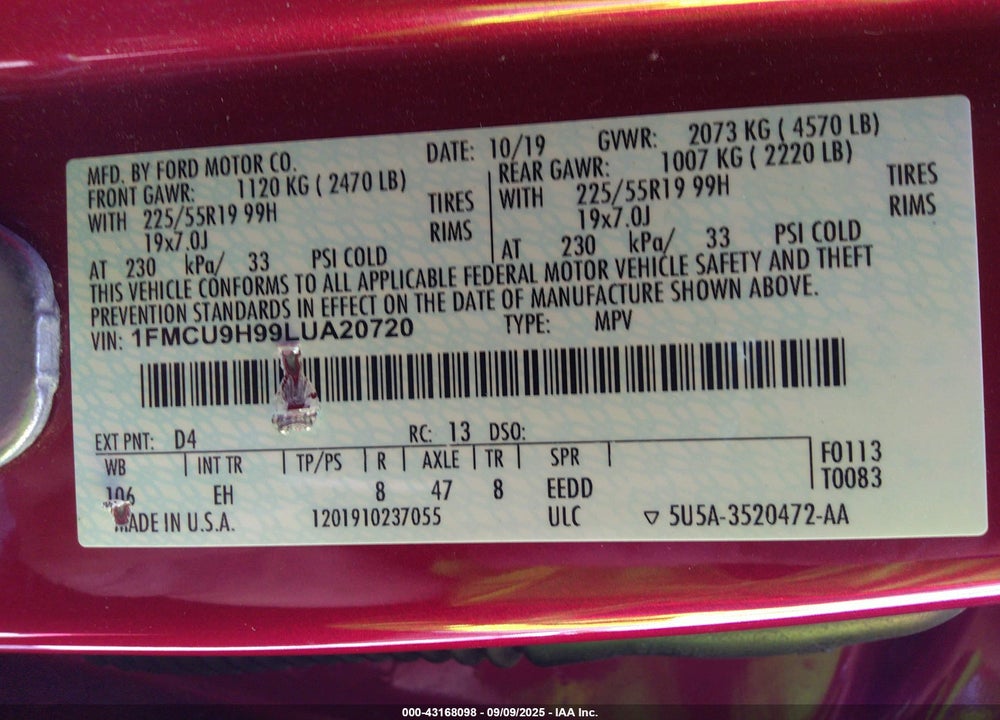 2020 FORD ESCAPE VIN: 1FMCU9H99LUA20720