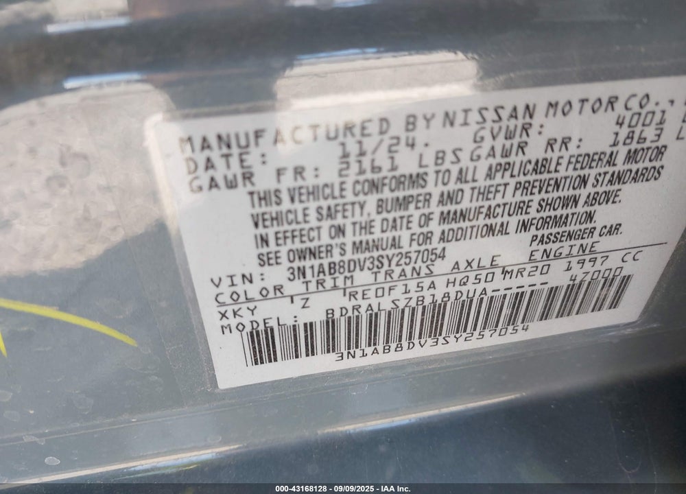 2025 NISSAN SENTRA VIN: 3N1AB8DV3SY257054