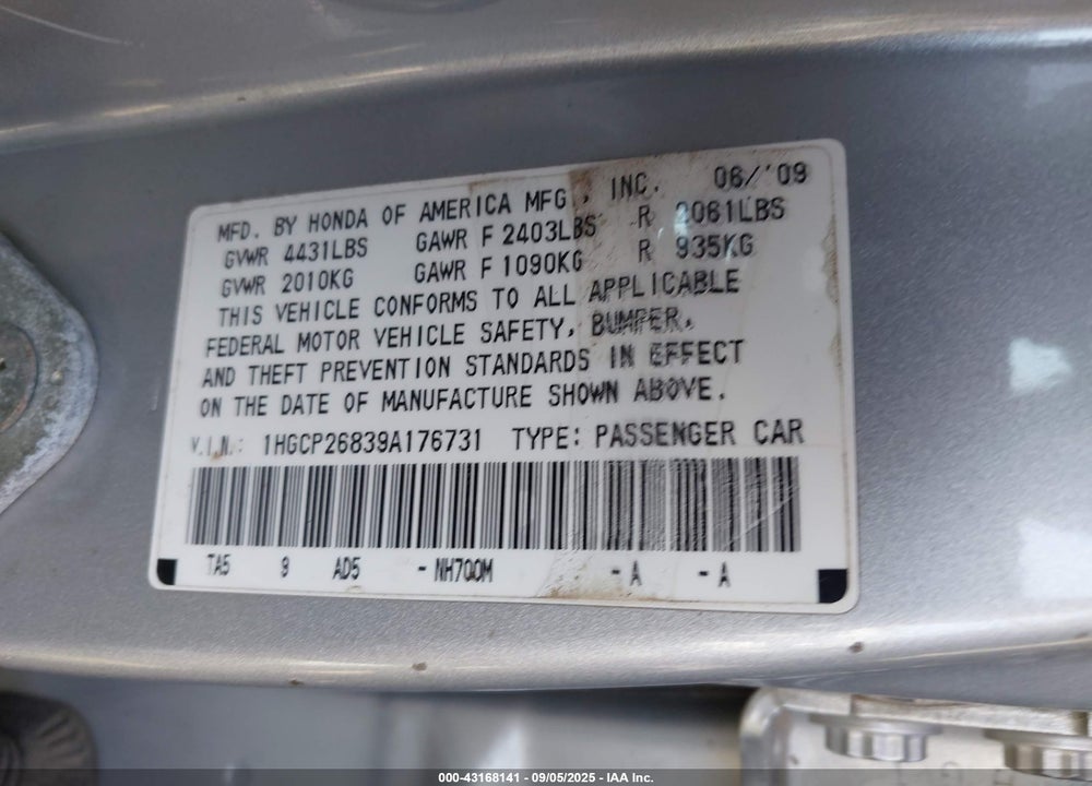 2009 HONDA ACCORD VIN: 1HGCP26839A176731