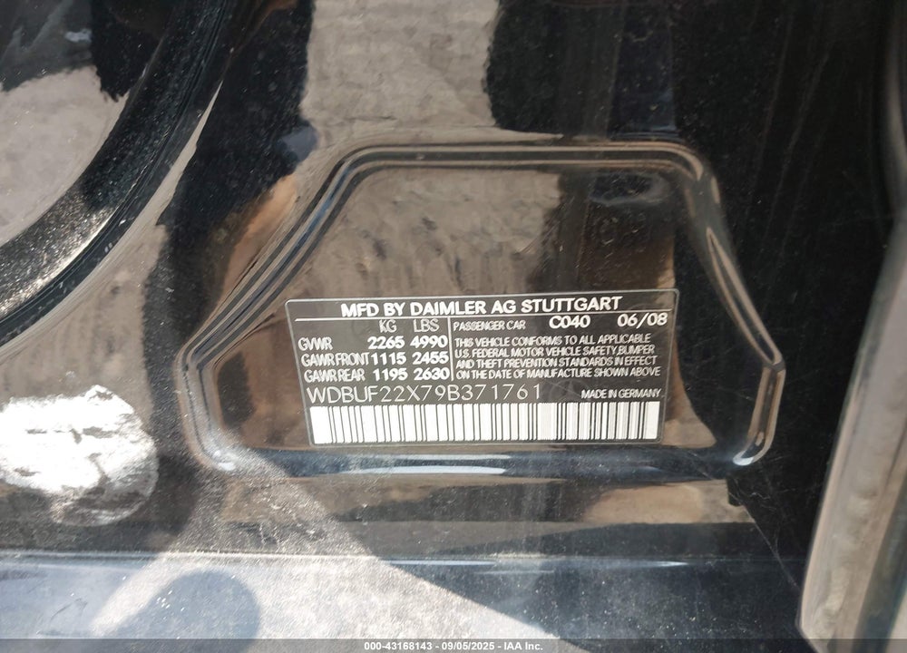 2009 MERCEDES-BENZ E-CLASS VIN: WDBUF22X79B371761