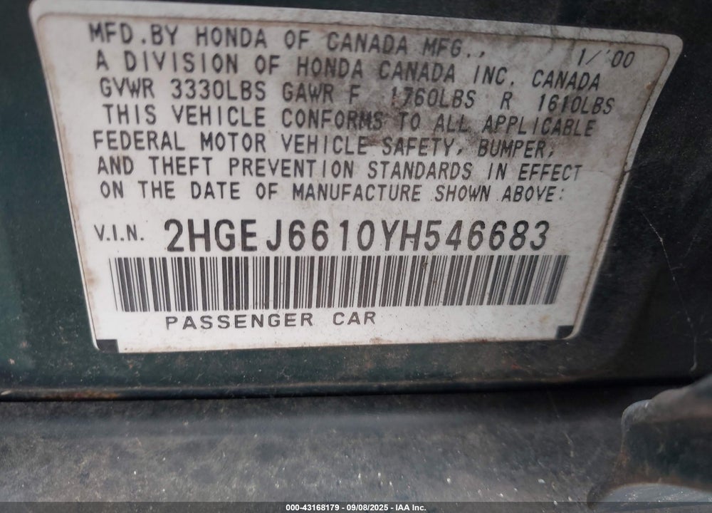 2000 HONDA CIVIC VALUE PACKAGE VIN: 2HGEJ6610YH546683