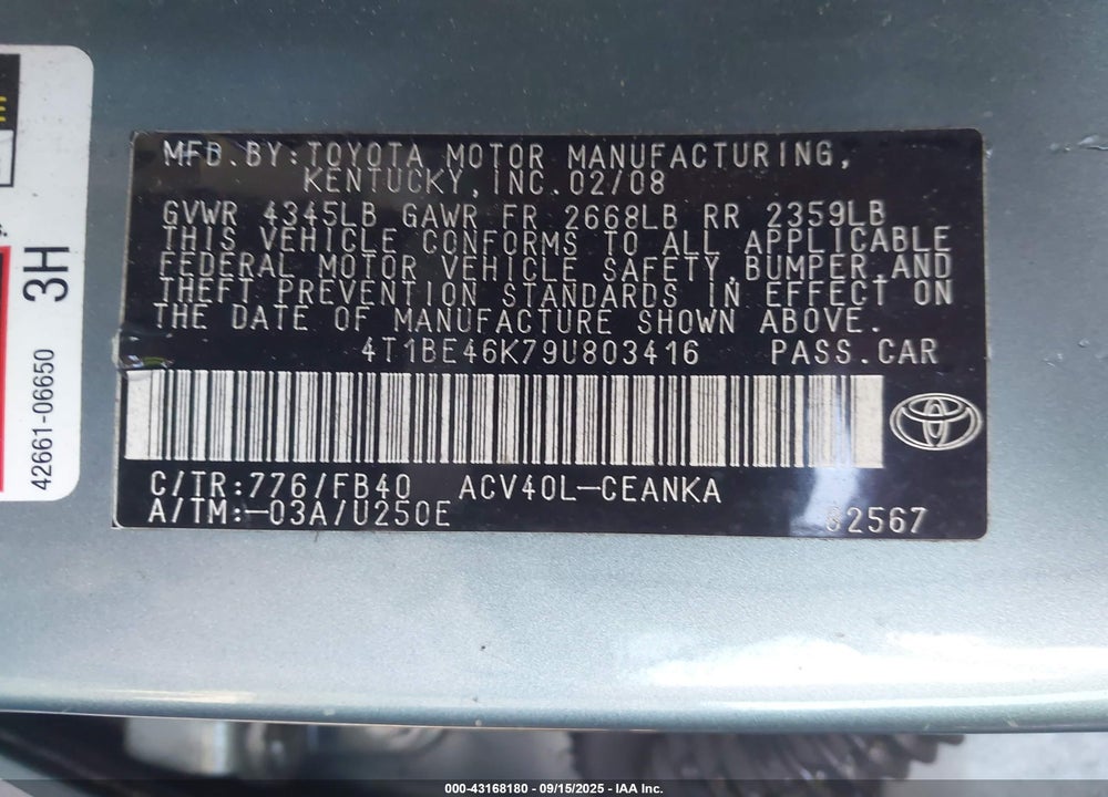 2009 TOYOTA CAMRY VIN: 4T1BE46K79U803416