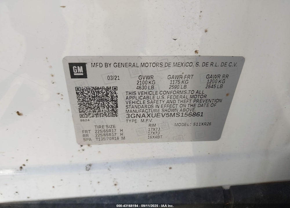 2021 CHEVROLET EQUINOX VIN: 3GNAXUEV5MS156861