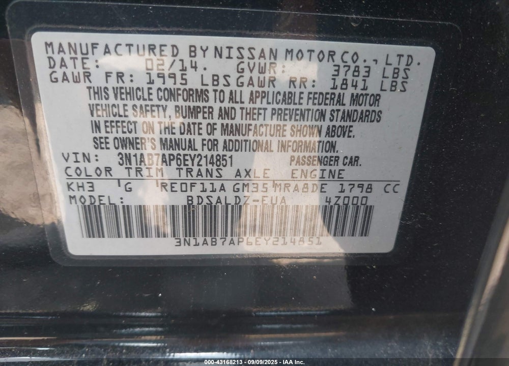 2014 NISSAN SENTRA FE+ S/FE+ SV/S/SL/SR/SV VIN: 3N1AB7AP6EY214851