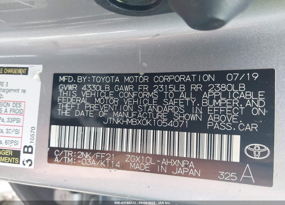 2019 TOYOTA C-HR VIN: JTNKHMBX0K1054071