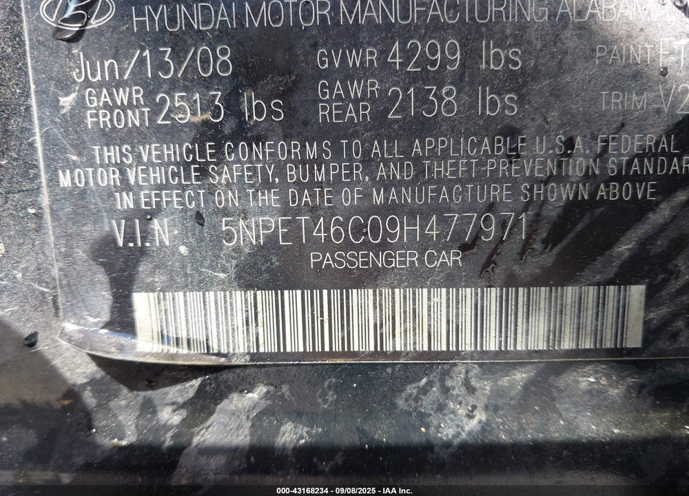 2009 HYUNDAI SONATA GLS VIN: 5NPET46C09H477971