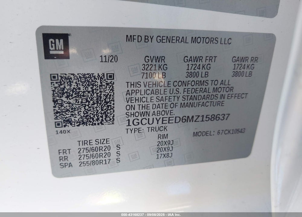 2021 CHEVROLET SILVERADO 1500 VIN: 1GCUYEED6MZ158637