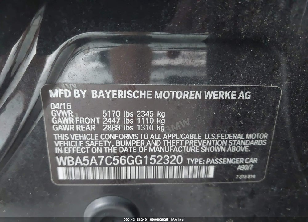 2016 BMW 5 SERIES VIN: WBA5A7C56GG152320