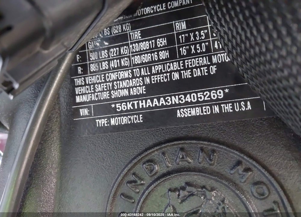 2022 INDIAN MOTORCYCLE CO. SPRINGFIELD VIN: 56KTHAAA3N3405269