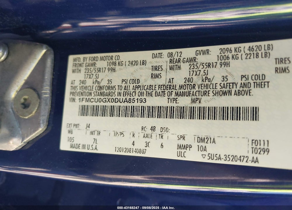 2013 FORD ESCAPE VIN: 1FMCU0GX0DUA85193