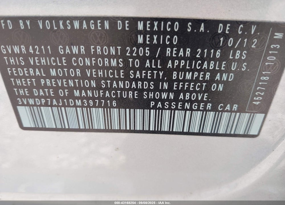 2013 VOLKSWAGEN JETTA VIN: 3VWDP7AJ1DM397716