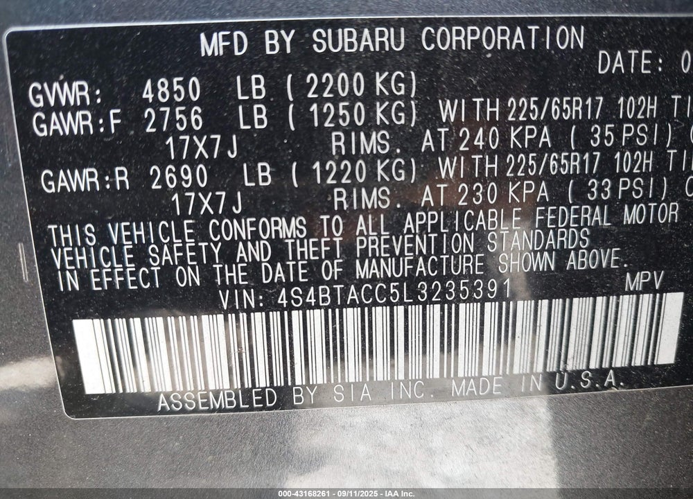 2020 SUBARU OUTBACK VIN: 4S4BTACC5L3235391