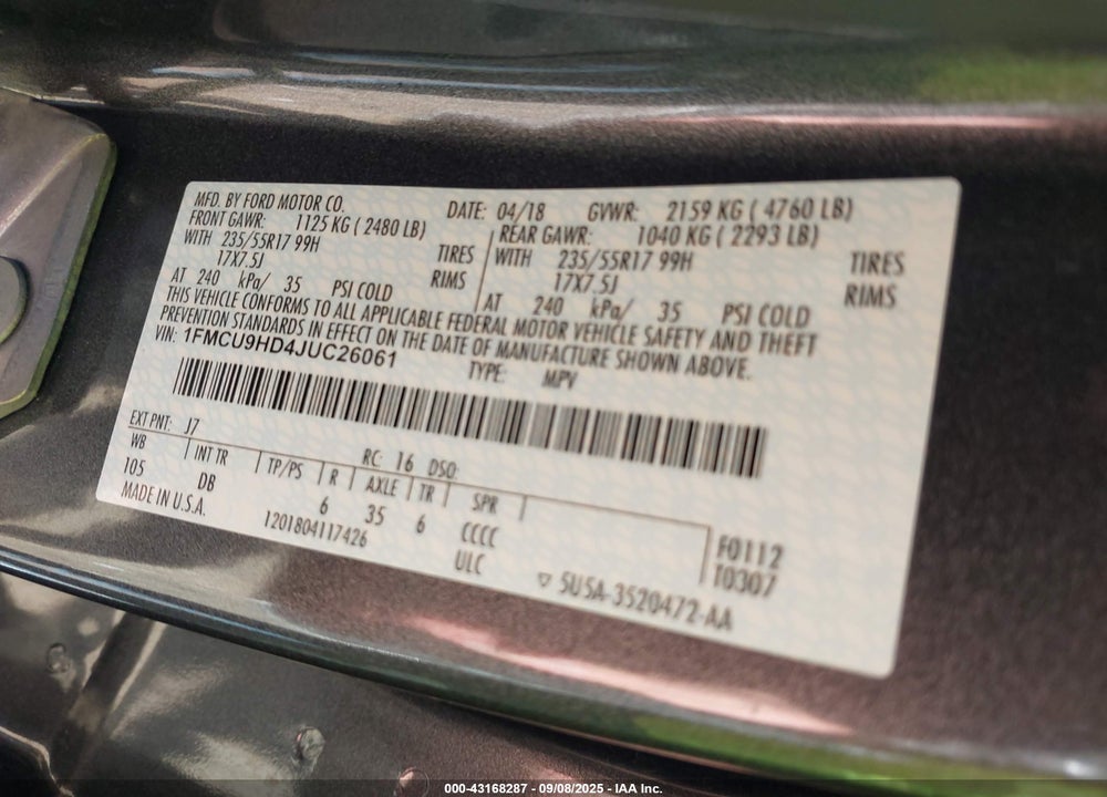 2018 FORD ESCAPE VIN: 1FMCU9HD4JUC26061