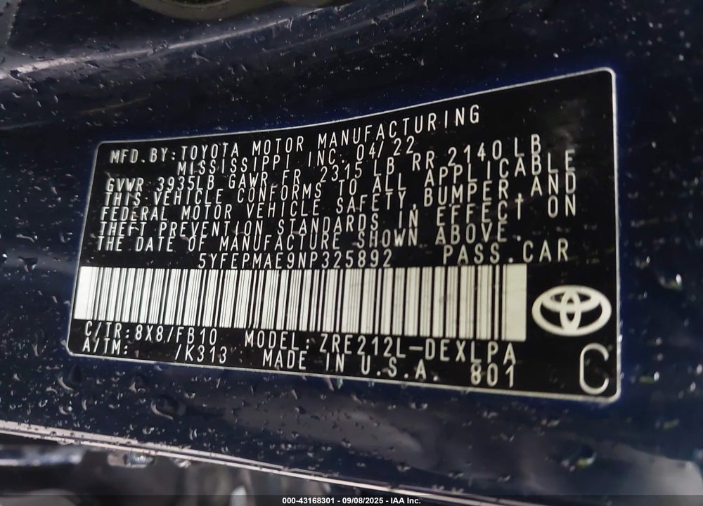 2022 TOYOTA COROLLA LE VIN: 5YFEPMAE9NP325892