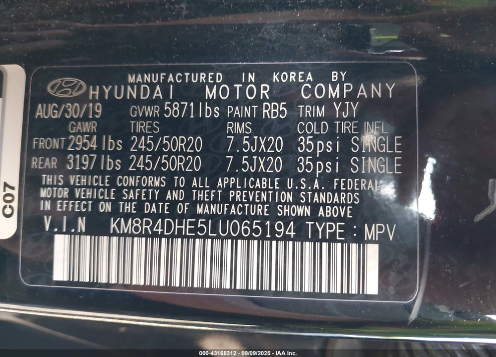 2020 HYUNDAI PALISADE VIN: KM8R4DHE5LU065194