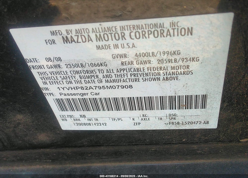 2009 MAZDA 6 VIN: 1YVHP82A795M07908